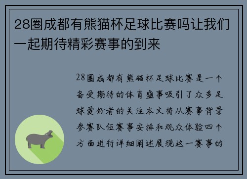 28圈成都有熊猫杯足球比赛吗让我们一起期待精彩赛事的到来