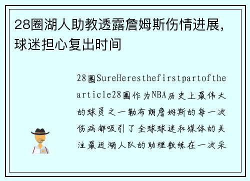 28圈湖人助教透露詹姆斯伤情进展，球迷担心复出时间