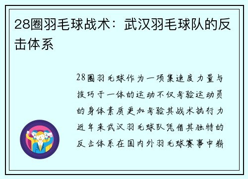28圈羽毛球战术：武汉羽毛球队的反击体系