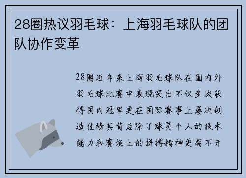 28圈热议羽毛球：上海羽毛球队的团队协作变革