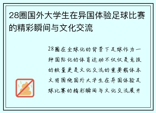 28圈国外大学生在异国体验足球比赛的精彩瞬间与文化交流