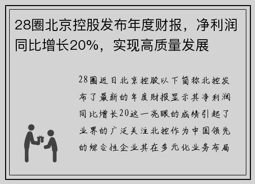 28圈北京控股发布年度财报，净利润同比增长20%，实现高质量发展