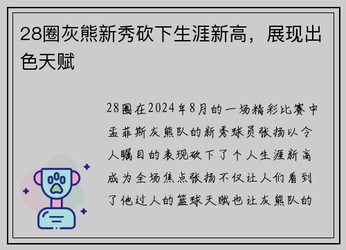 28圈灰熊新秀砍下生涯新高，展现出色天赋