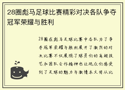 28圈彪马足球比赛精彩对决各队争夺冠军荣耀与胜利