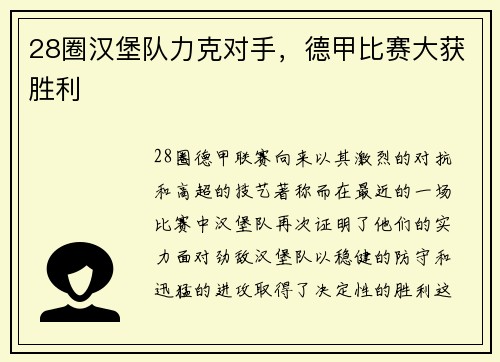 28圈汉堡队力克对手，德甲比赛大获胜利