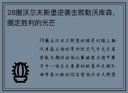 28圈沃尔夫斯堡逆袭击败勒沃库森，圈定胜利的光芒
