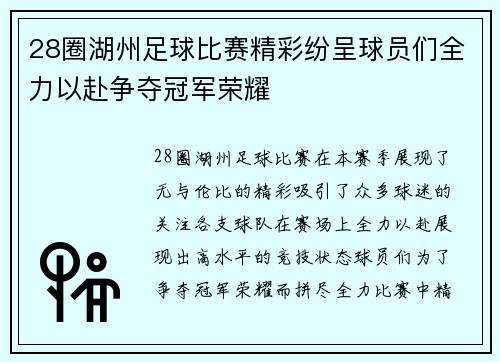 28圈湖州足球比赛精彩纷呈球员们全力以赴争夺冠军荣耀