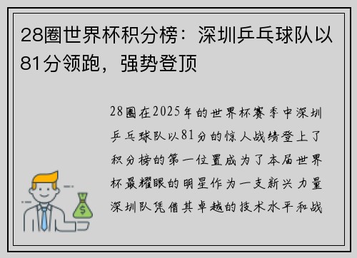 28圈世界杯积分榜：深圳乒乓球队以81分领跑，强势登顶
